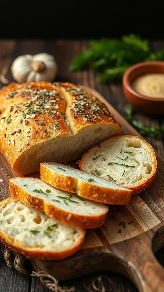 Freshly baked garlic bread with herbs, sliced and ready to serve.