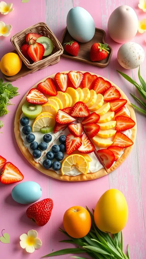 A colorful rainbow fruit pizza topped with various fruits on a pink background.