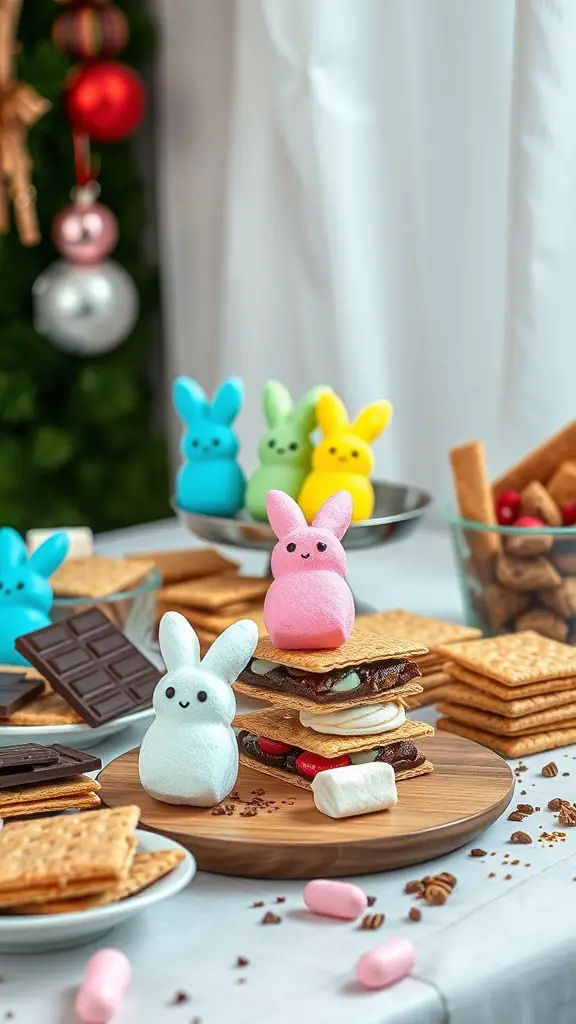 Colorful Peep S'mores Bar with marshmallow Peeps, graham crackers, and chocolate