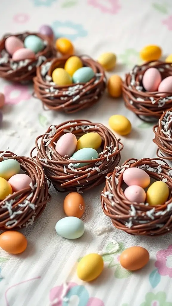 Colorful chocolate egg nests filled with pastel candy eggs on a floral tablecloth.