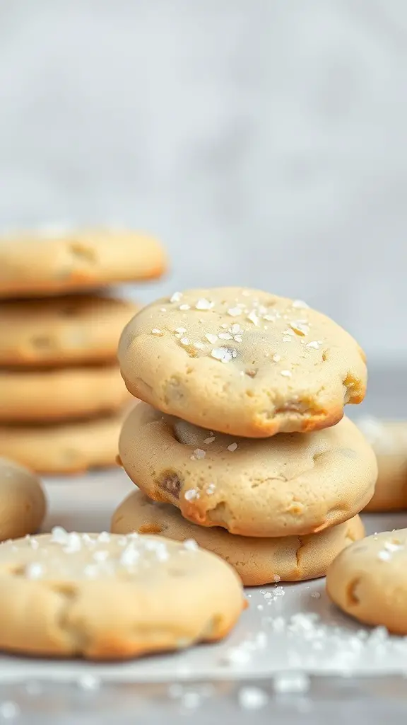 A stack of vanilla bean sugar cookies with coarse sugar on top, set against a blurred background.