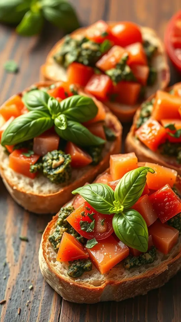 Pesto and tomato bruschetta on toasted bread with fresh basil