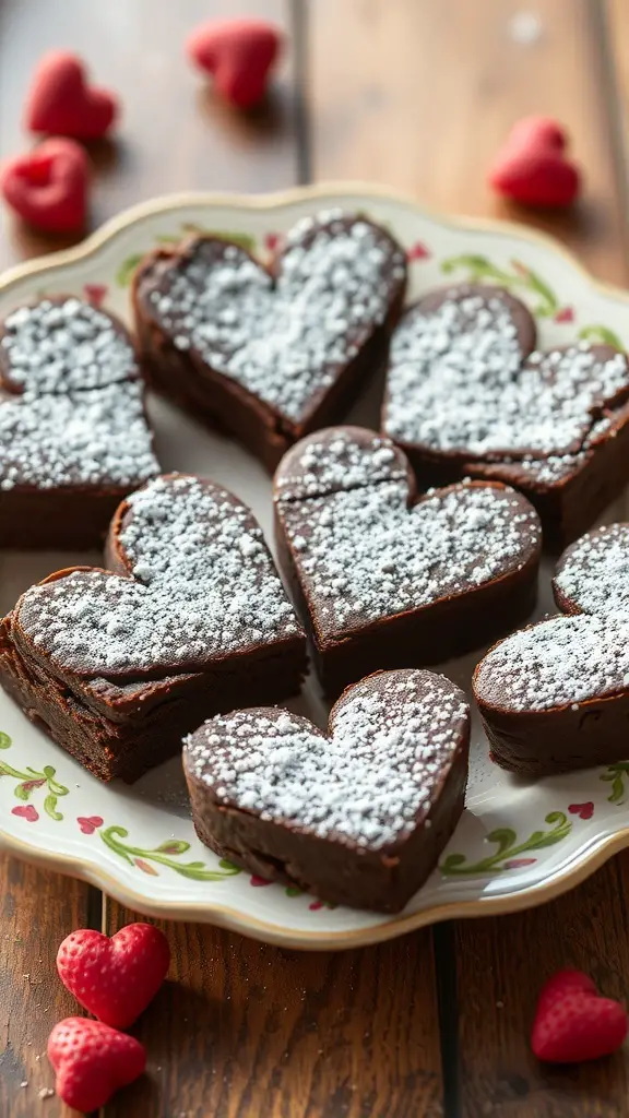 Heart-shaped chocolate brownies on a decorative plate with powdered sugar and small red hearts.