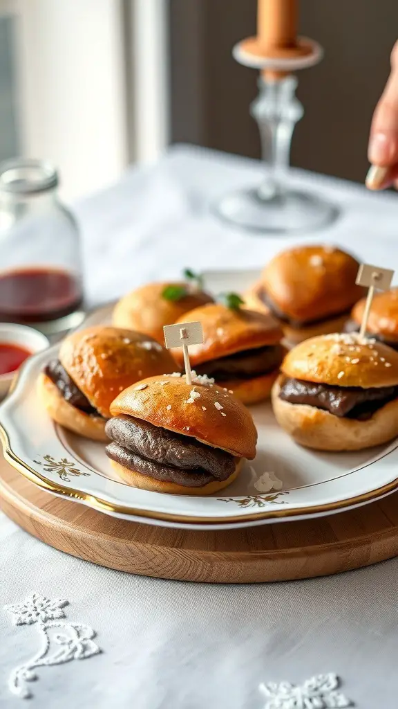 Mini Beef Wellington Bites on a plate with decorative garnish