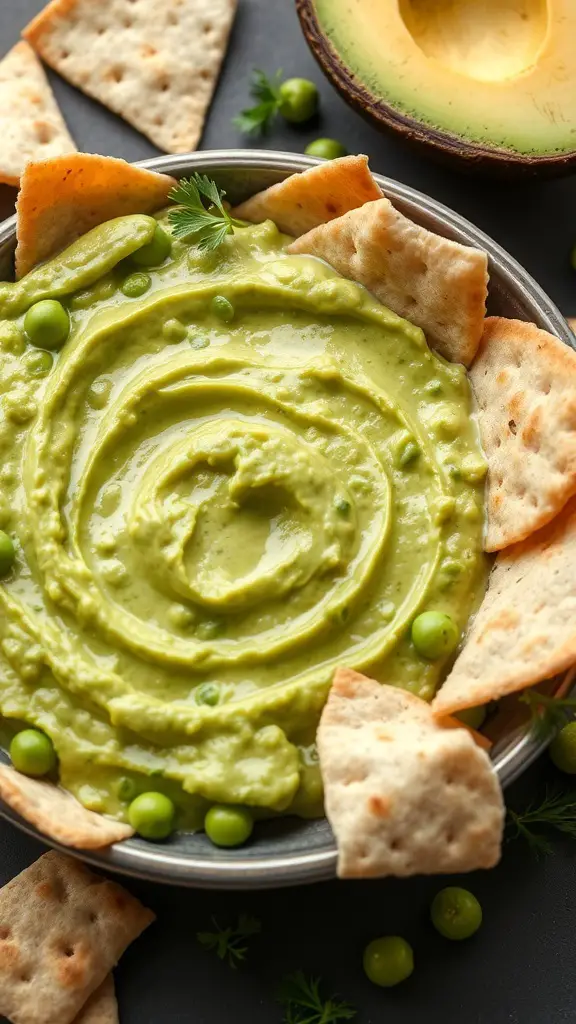A bowl of minted pea and avocado dip surrounded by pita chips and fresh peas.