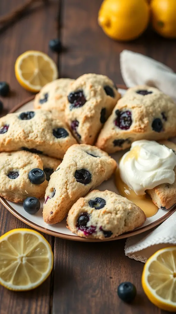 Plate of lemon blueberry scones with fresh blueberries and lemon slices