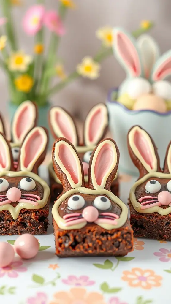 Bunny-shaped brownies decorated with icing and candies