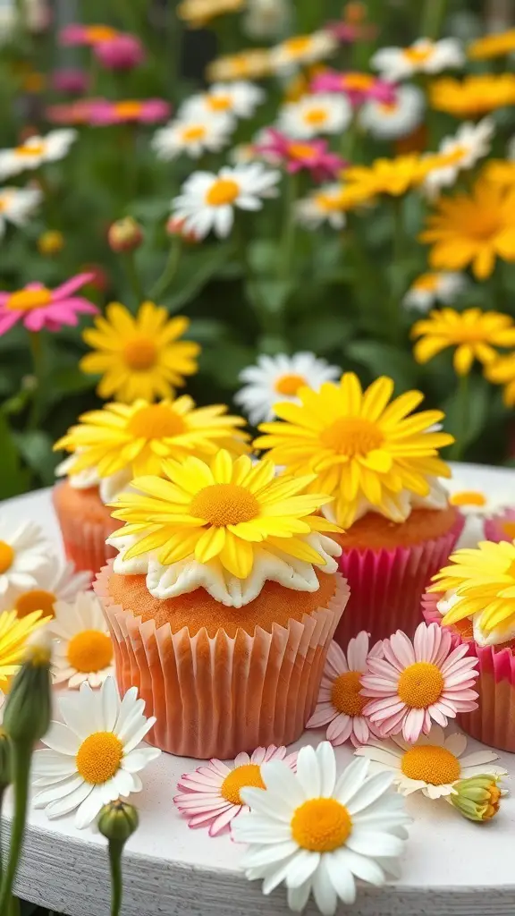 Cupcakes decorated with yellow and white daisy petals, surrounded by colorful flowers.