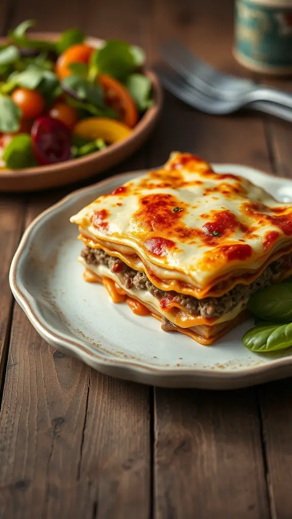 A plate of classic lasagna with rich meat sauce, served with a side salad.