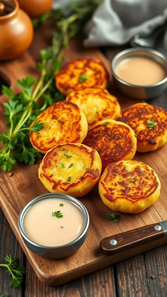 A platter of mini Irish potato cakes with a creamy dipping sauce and fresh herbs.