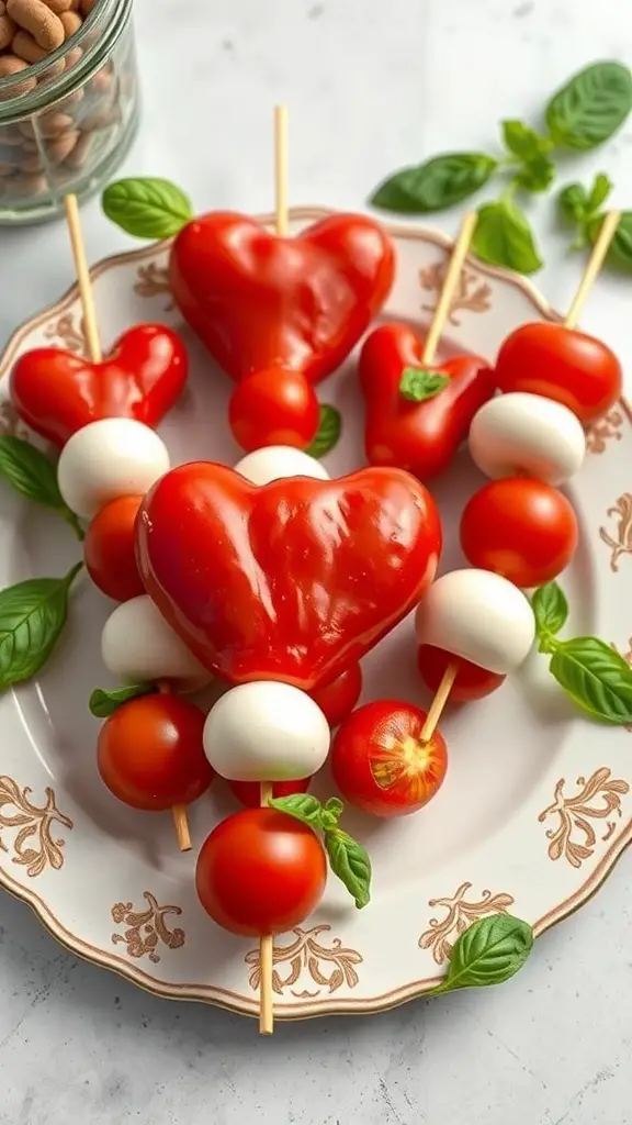 Heart-shaped Caprese skewers with tomatoes, mozzarella, and basil on a plate.