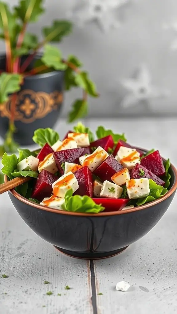A bowl of roasted beet and goat cheese salad with greens and a balsamic glaze.