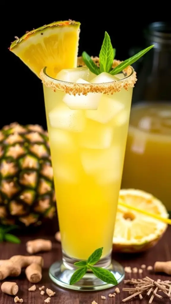 A refreshing Pineapple Ginger Smash mocktail garnished with pineapple slices, surrounded by fresh pineapples and ginger.