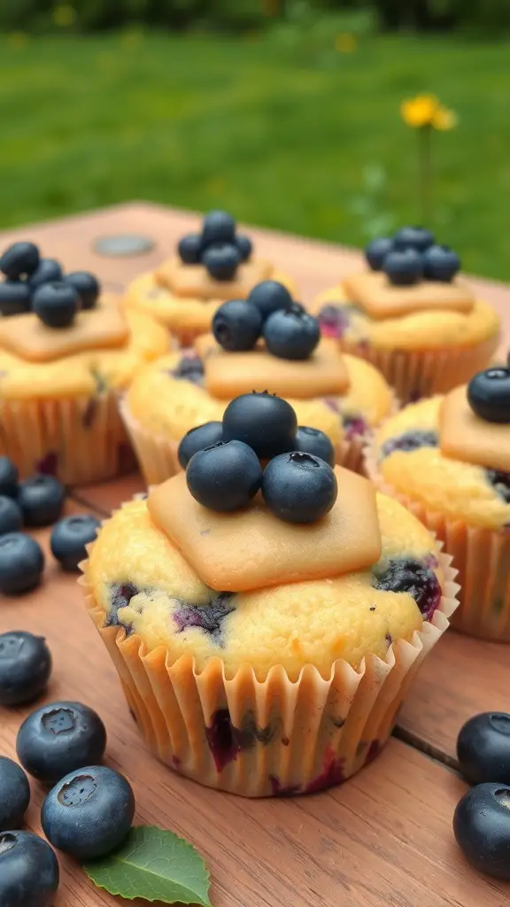 Blueberry muffin cupcakes topped with fresh blueberries and a small piece of fondant.