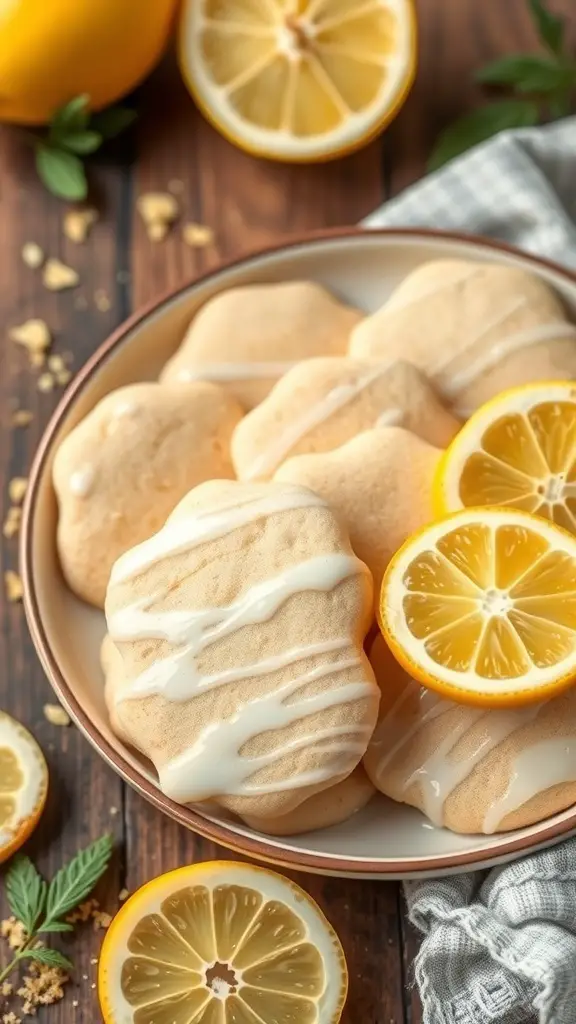 Plate of lemon zest sugar cookies with fresh lemons and mint leaves