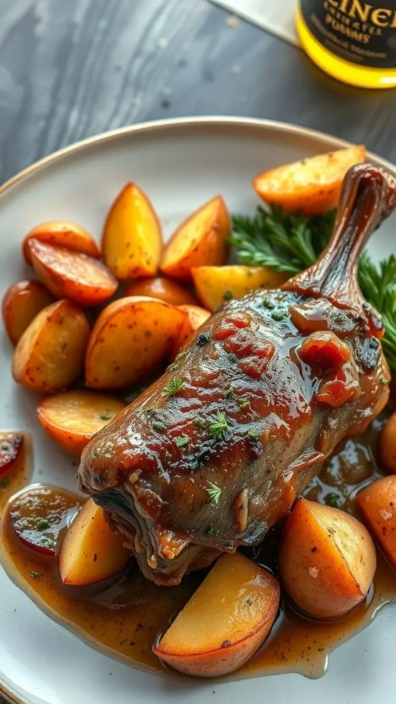 A plate of duck confit with garlic potatoes, garnished with herbs.