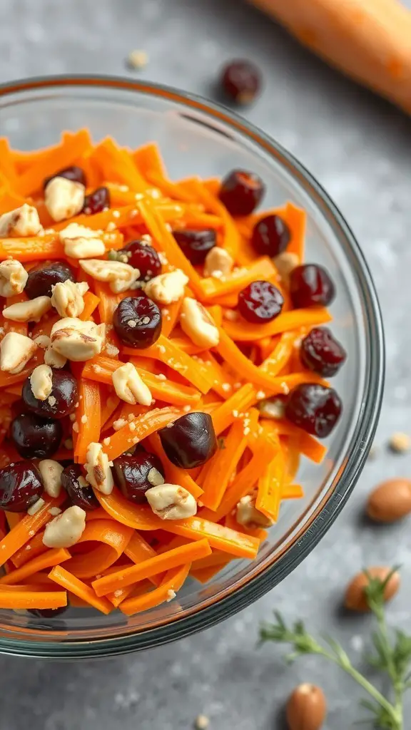 A bowl of carrot and raisin salad with nuts, showcasing vibrant orange carrots and dark raisins.
