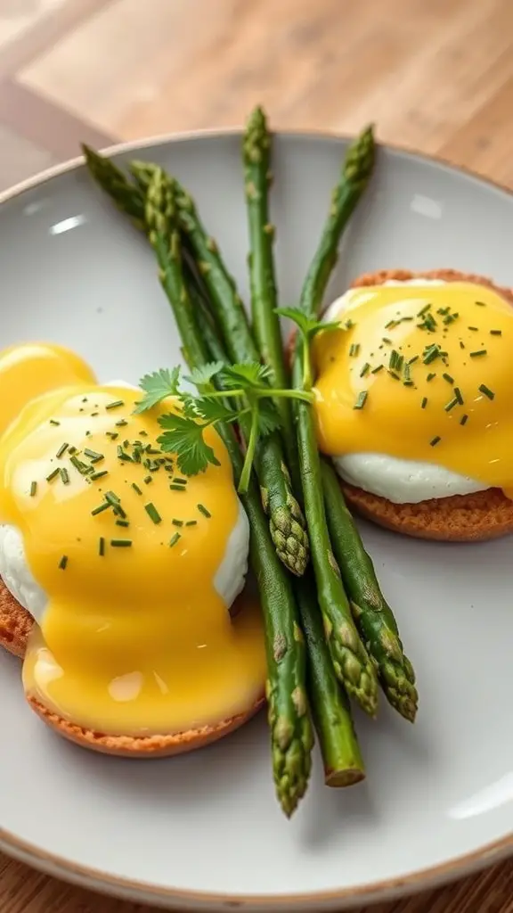 A plate of Eggs Benedict with asparagus, featuring poached eggs on English muffins topped with hollandaise sauce and fresh asparagus.