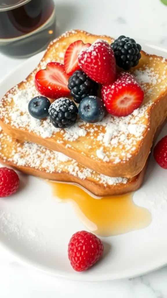 Delicious Vanilla Bean French Toast topped with fresh berries and powdered sugar
