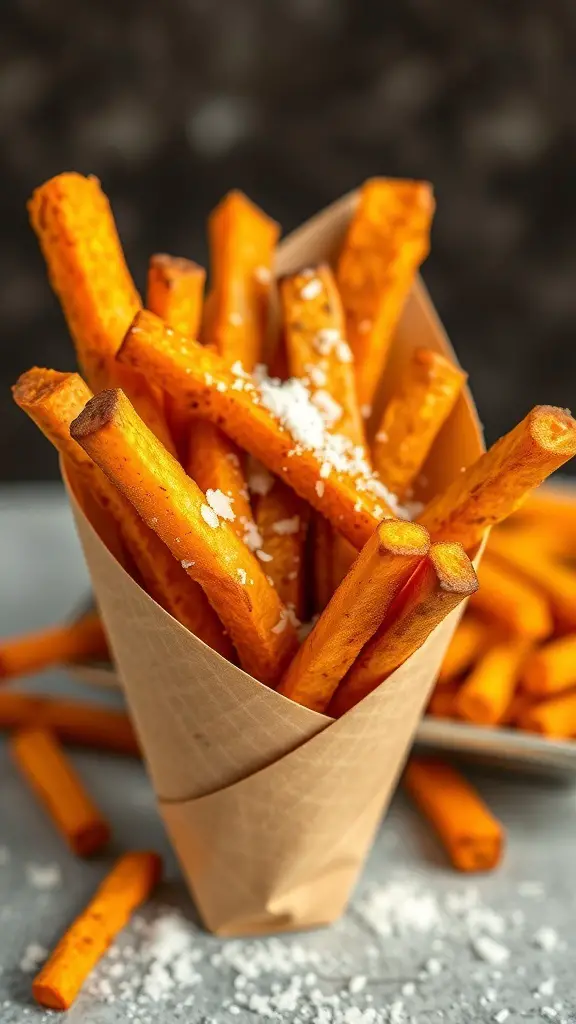 A cone of crispy baked sweet potato fries sprinkled with salt.