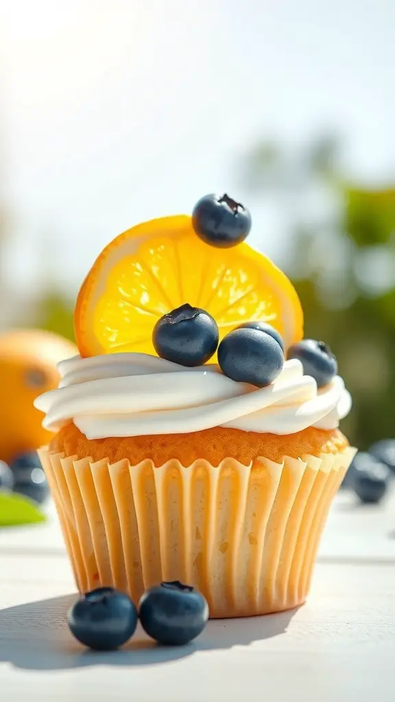 Cupcake topped with lemon slice and blueberries