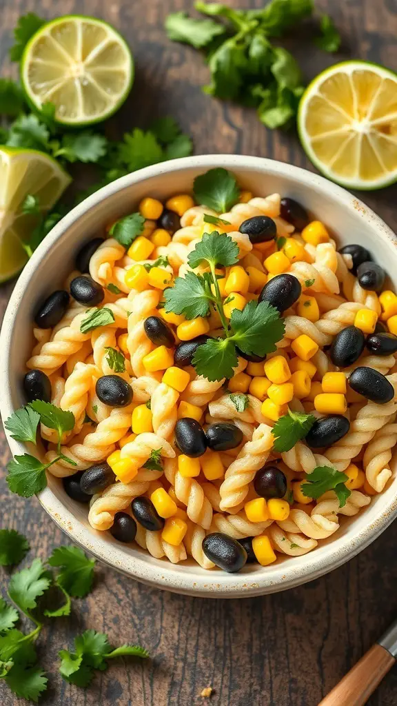 A bowl of zesty lime and cilantro pasta salad with black beans and corn, garnished with fresh cilantro and lime wedges.