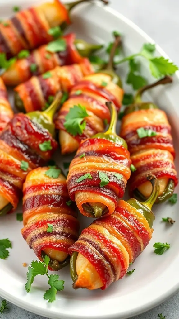 A plate of bacon-wrapped jalapeño poppers garnished with cilantro.