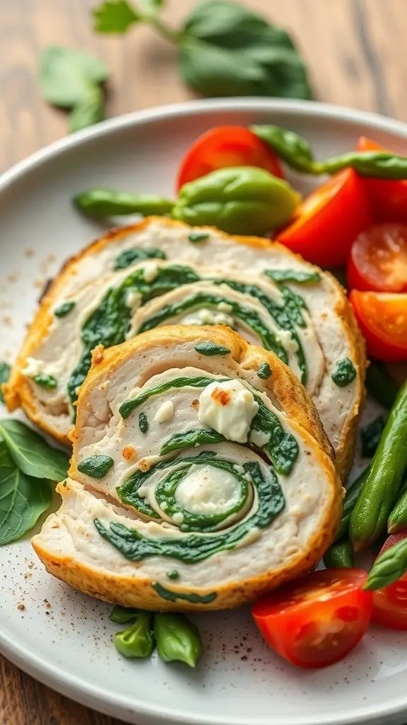 Spinach and Feta Stuffed Chicken Breast served with cherry tomatoes and green beans