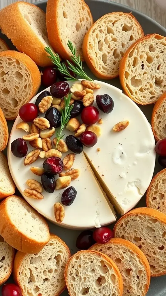 A baked Brie cheese topped with cranberries and nuts, surrounded by slices of bread.