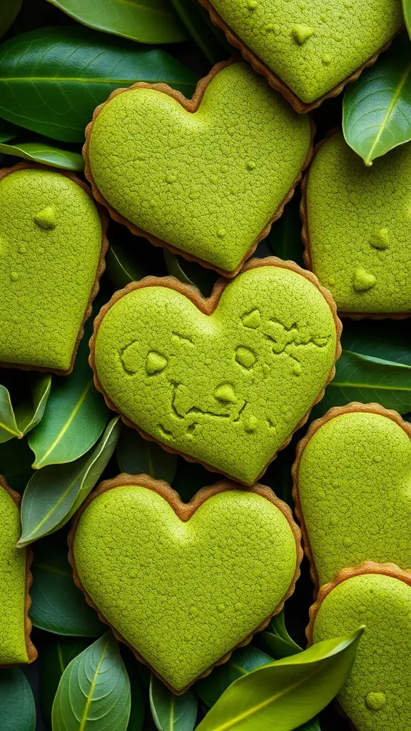 Heart shaped matcha green tea cookies on green leaves
