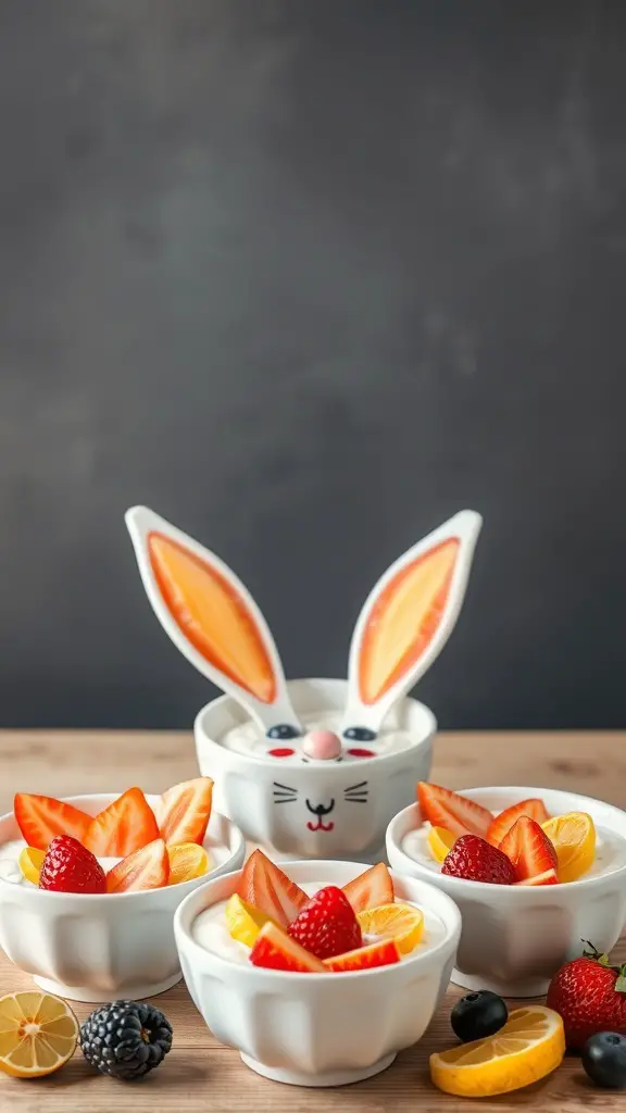 Colorful fruit and yogurt bunny bowls with bunny ears and fruit toppings