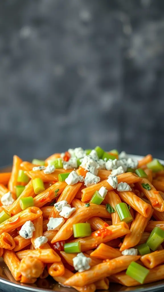 A plate of Buffalo Chicken Pasta Salad with orange pasta, green celery, and blue cheese crumbles.