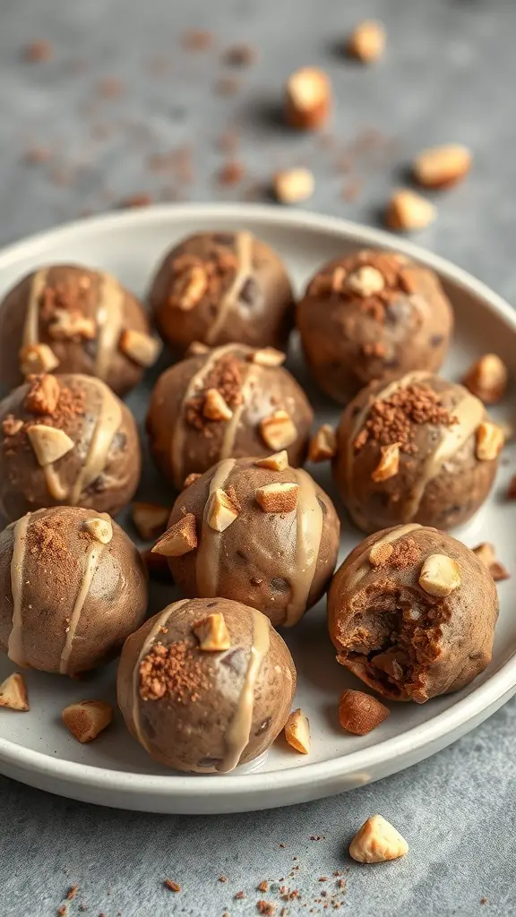 A plate of Peanut Butter Chocolate Energy Bites topped with crushed nuts and a drizzle of peanut butter.