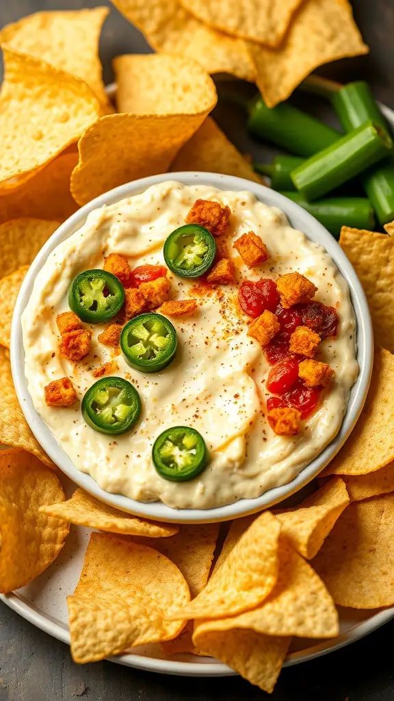A bowl of zesty jalapeño popper dip surrounded by tortilla chips and garnished with jalapeño slices and diced tomatoes.