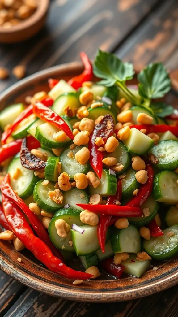 A colorful Spicy Thai Cucumber Salad with cucumbers, red chilies, and peanuts on a wooden table.