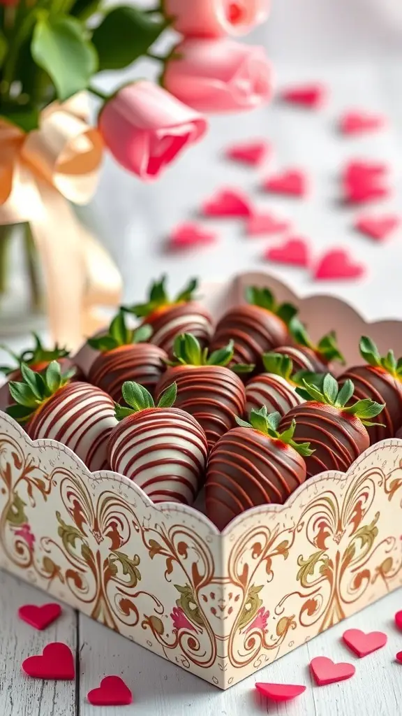 A box of chocolate-dipped strawberries with pink roses and heart decorations