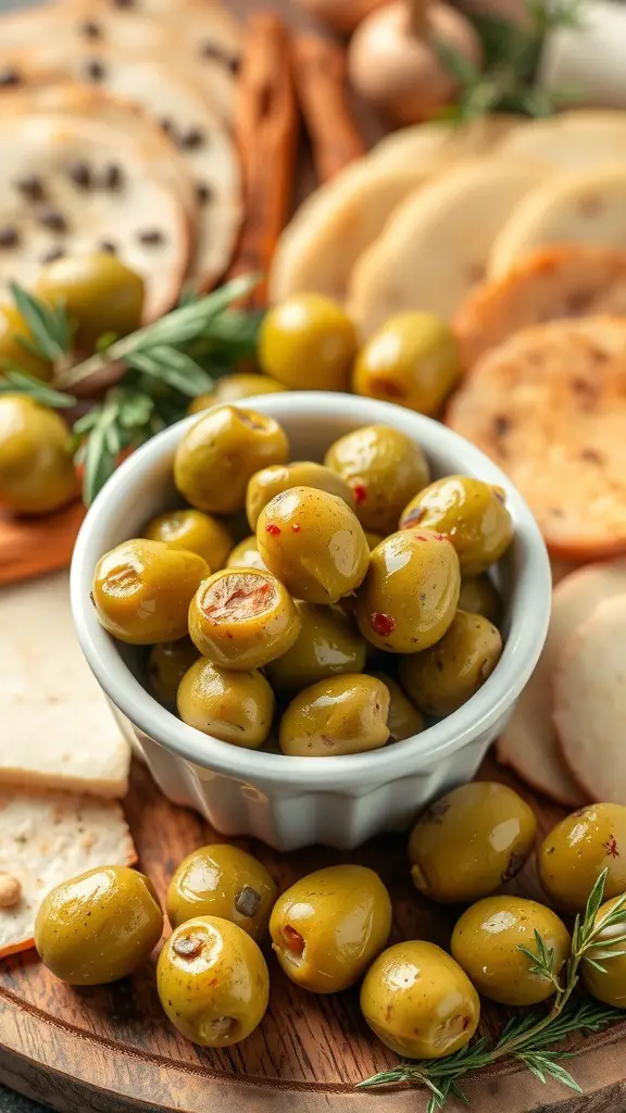 A bowl of green olives on a charcuterie board with various crackers and snacks.