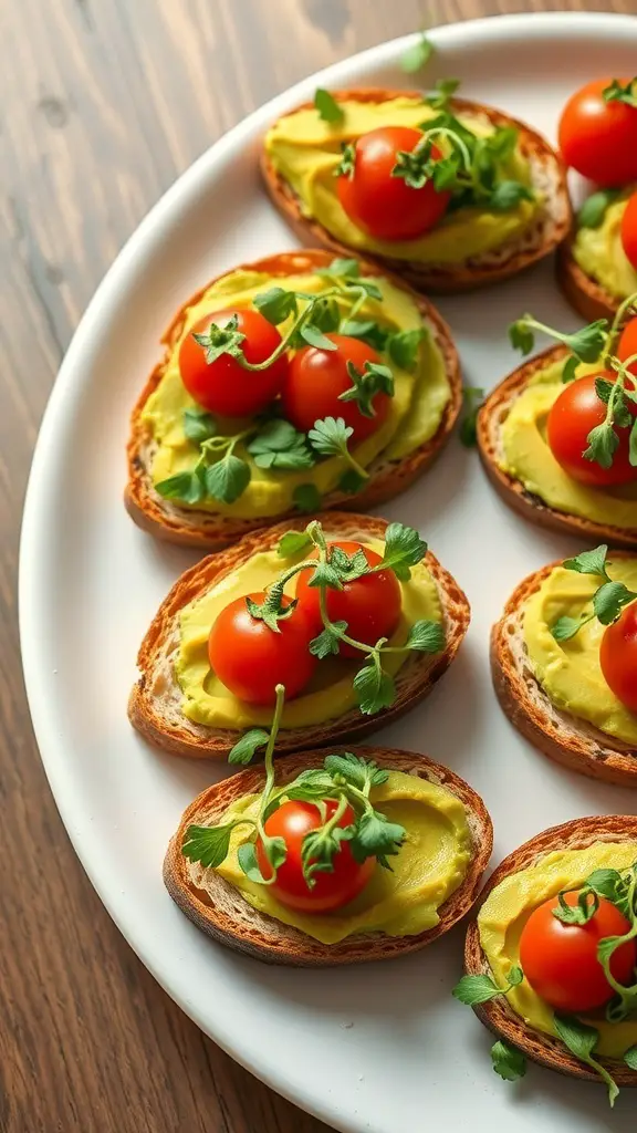 A platter of avocado toast bites topped with cherry tomatoes and herbs.