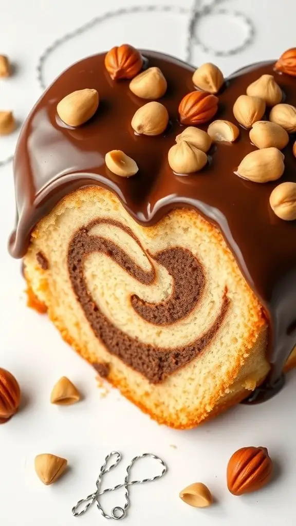 A heart-shaped cake with a Nutella swirl, topped with chocolate glaze and hazelnuts.