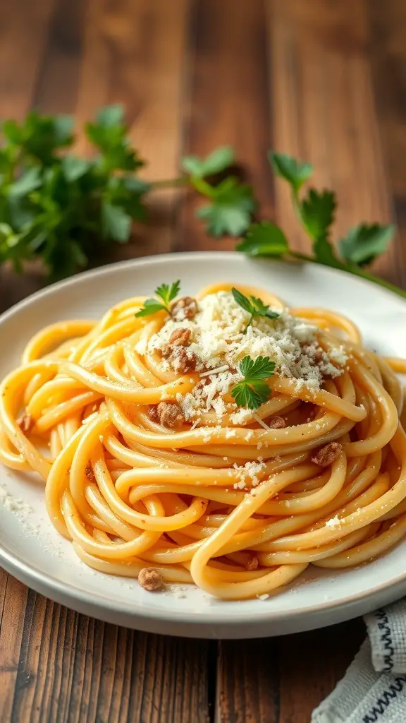 A plate of spaghetti carbonara topped with cheese and parsley on a wooden table.