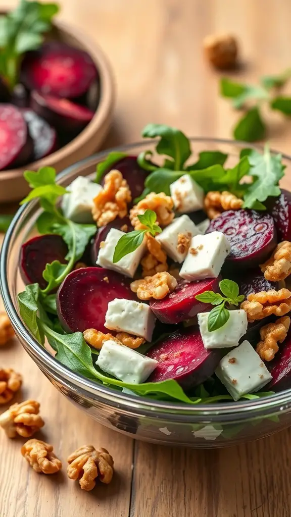 A bowl of roasted beet and goat cheese salad with walnuts and arugula.