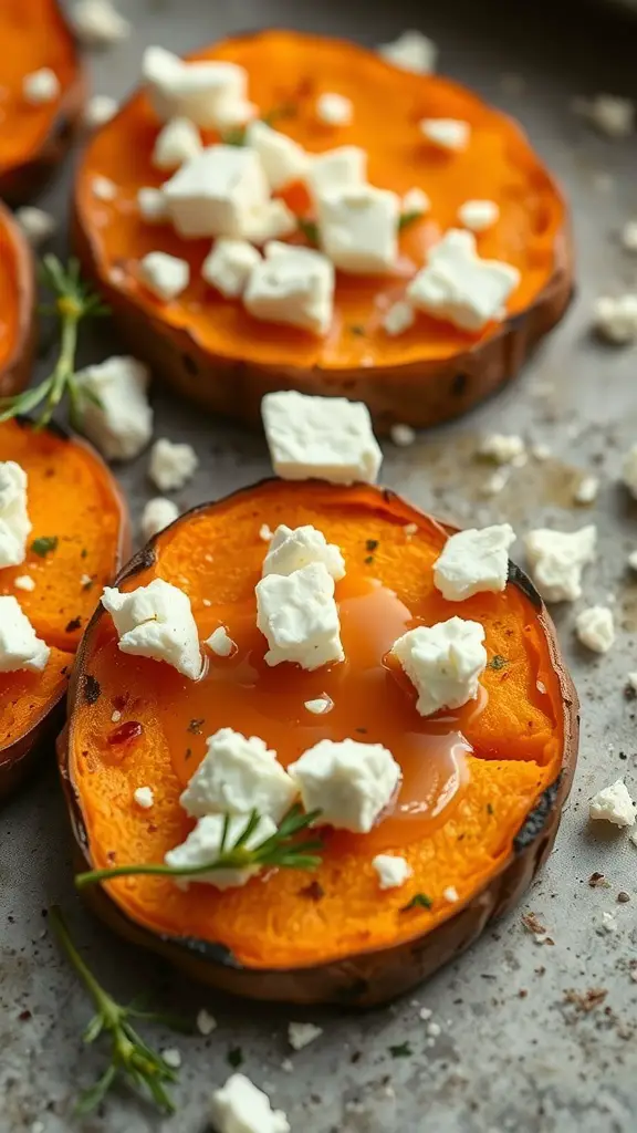 Sweet potato bites topped with feta cheese and herbs