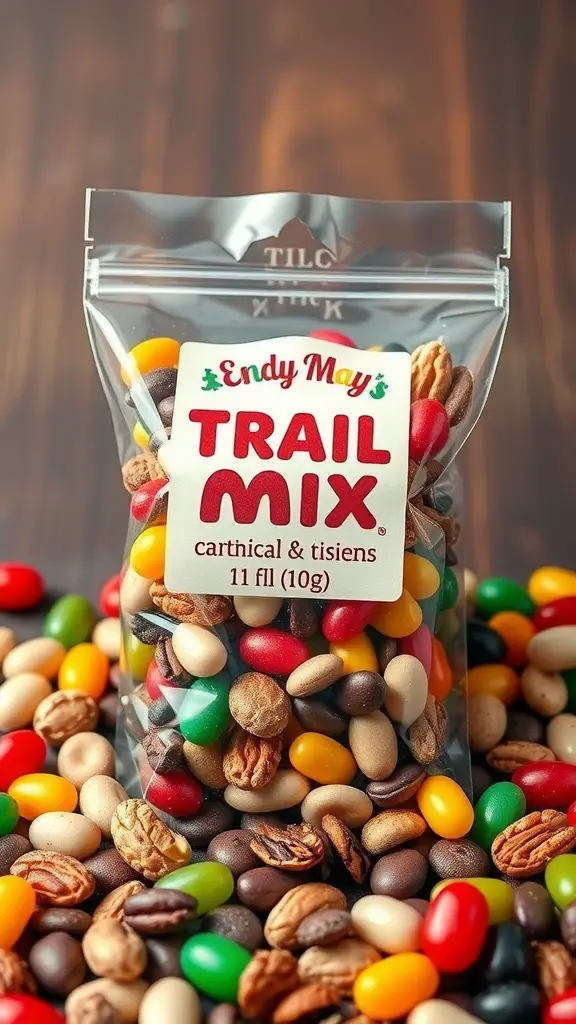 A bag of Jelly Bean Trail Mix surrounded by colorful jelly beans and nuts.