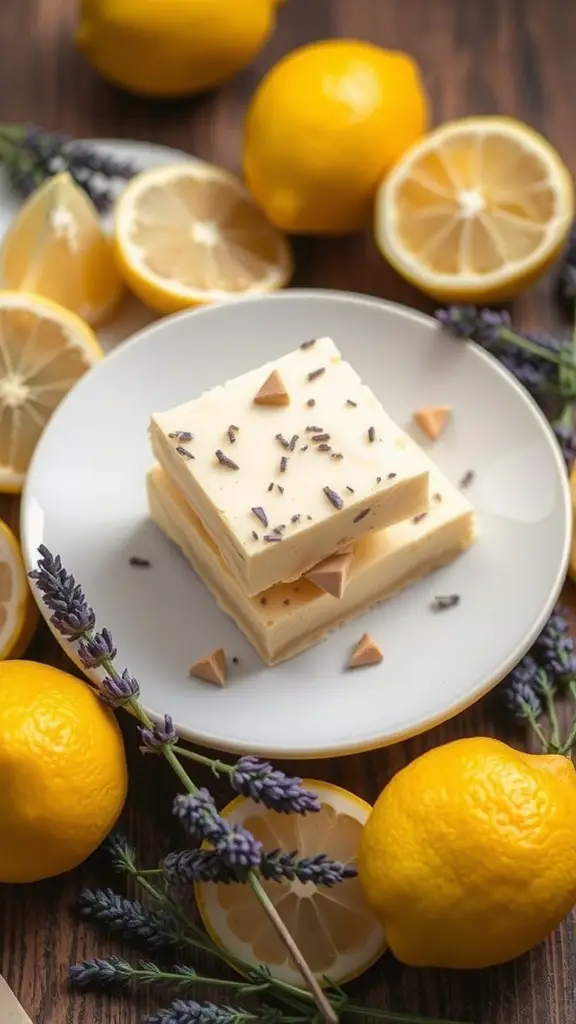 Lavender Lemonade Fudge with lemons and lavender sprigs