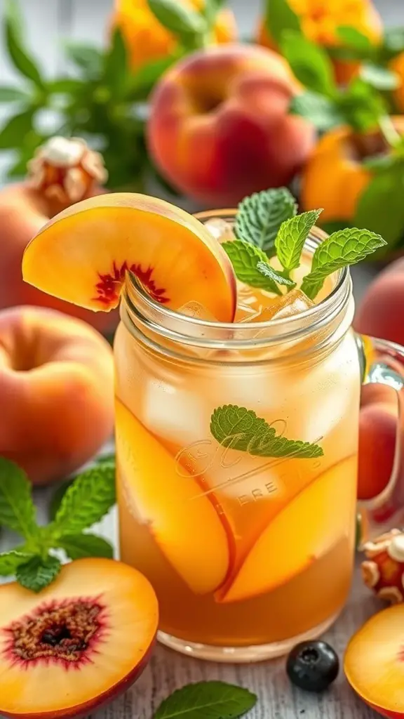 A refreshing Peach Iced Tea Spritzer in a jar with peach slices and mint leaves, surrounded by fresh peaches.