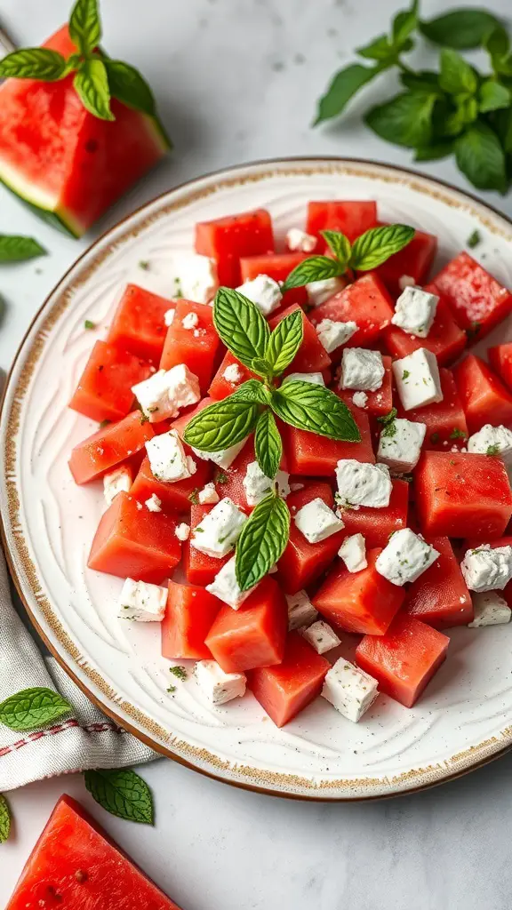 A plate of watermelon and feta salad with mint leaves, featuring cubes of watermelon and crumbled feta cheese.