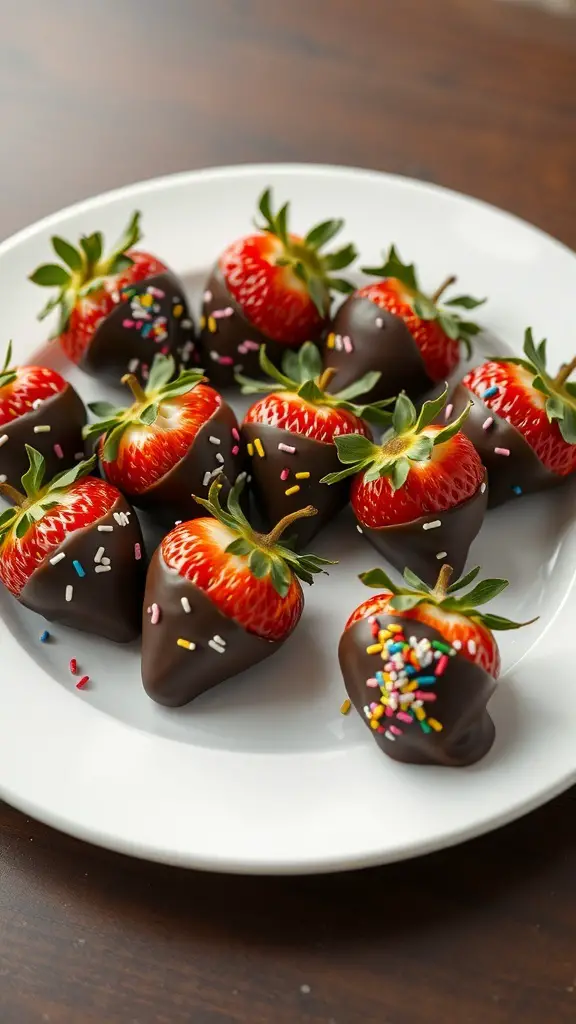 A plate of chocolate-covered strawberries decorated with colorful sprinkles.