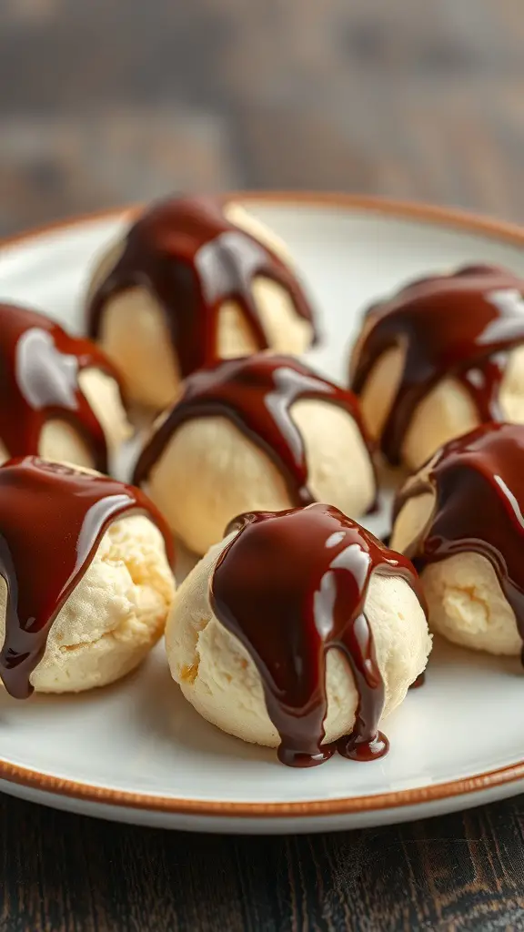 A plate of profiteroles drizzled with chocolate sauce
