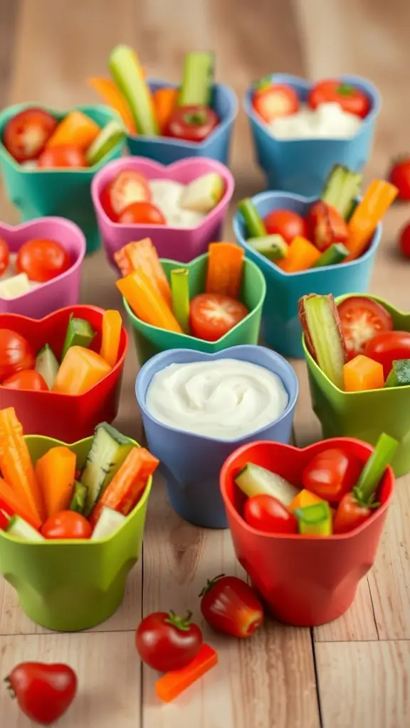 Colorful heart-shaped cups filled with fresh vegetables and a dip