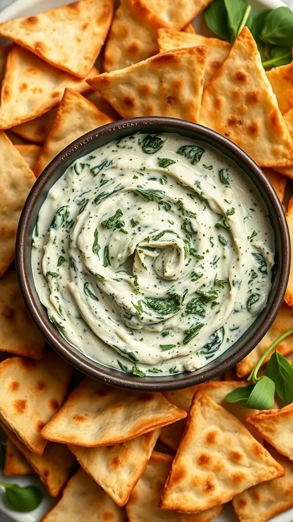 A bowl of creamy spinach and artichoke dip surrounded by crispy pita chips.